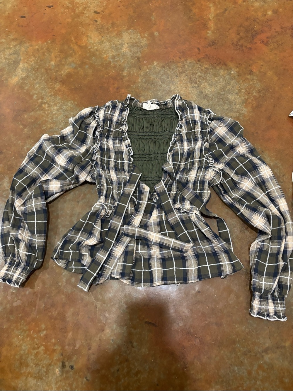 Listicle Olive and Navy Plaid Ruffled Wrap Blouse